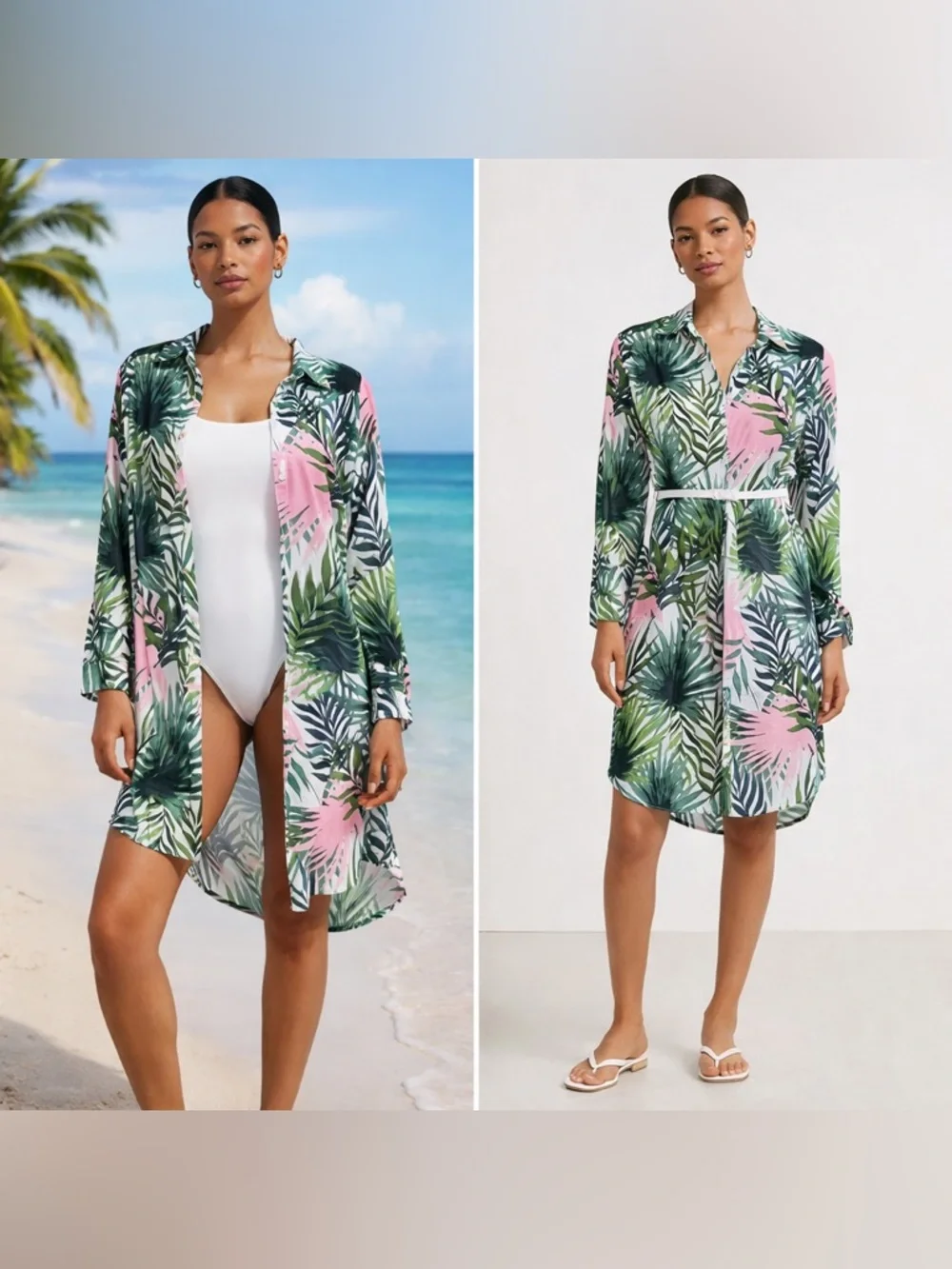 Tropical Palm Print Shirt Dress Cover Up XS Button Front Pink Green Resort Beach